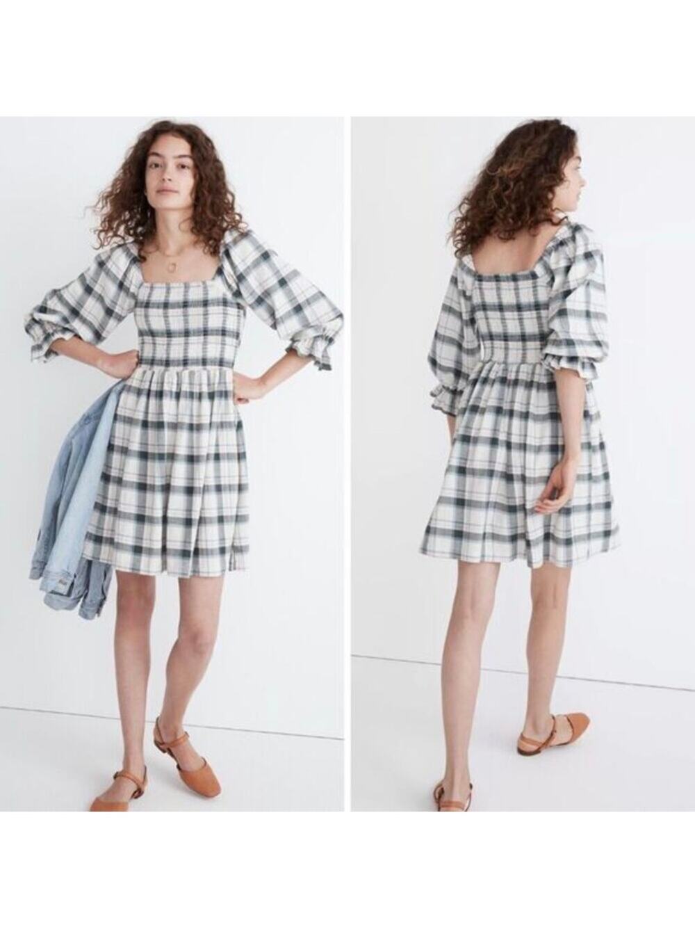 Madewell Dress Womens Small White Lucie Elbow-Sleeve Smocked Mini Lebaum Plaid